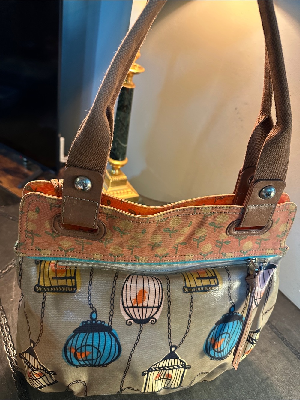 Fossil Printed Birdcage Bag in Tan and Orange - Picture 6 of 14